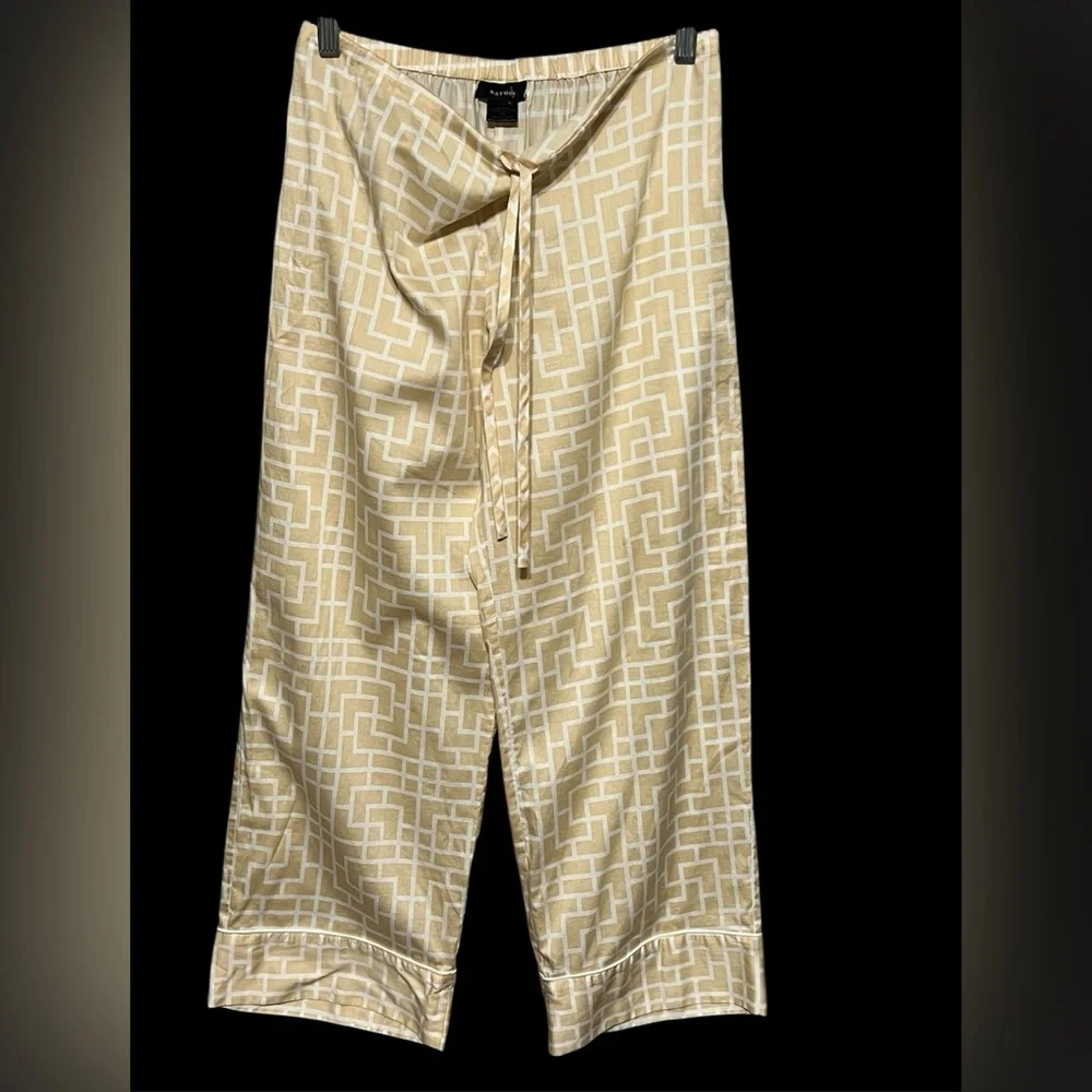 Natori 100% Cotton Pajama Pants XS Beige White Geometric Drawstring Loungewear